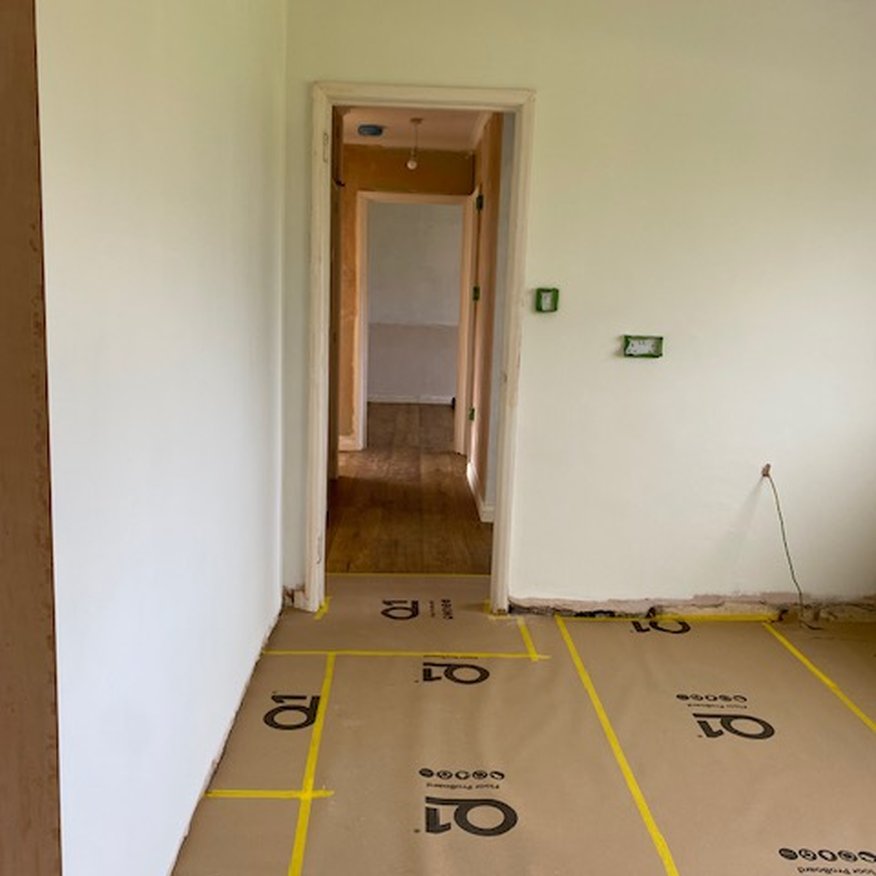 I have removed all fixings throughout this dated bungalow in Malvern. I am painting with a roller and paint brush in a cream Dulux Trade Emulsion.